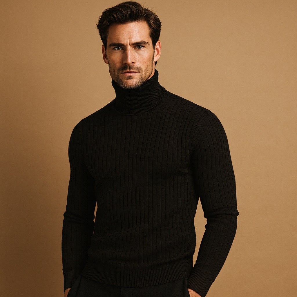 Men’s warm turtleneck sweater with a soft knitted texture and timeless design, ideal for winter wear and versatile outfits.