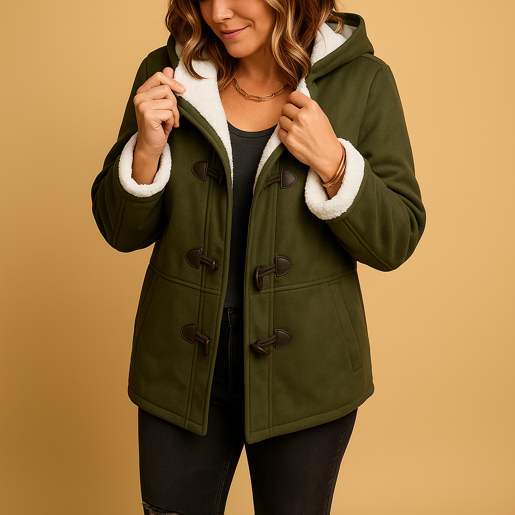 Women’s warm winter coat with wind- and water-repellent fabric, thick insulated lining, adjustable hood, and secure zipper closure for stylish winter protection.