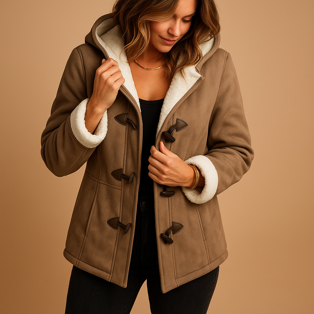 Women’s warm winter coat with wind- and water-repellent fabric, thick insulated lining, adjustable hood, and secure zipper closure for stylish winter protection.