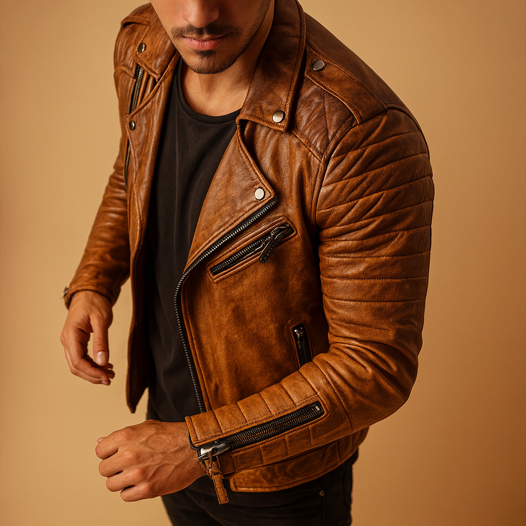 Men’s waterproof biker jacket with wind-resistant design and soft lining, ideal for autumn, winter, and rainy days in casual or business style.