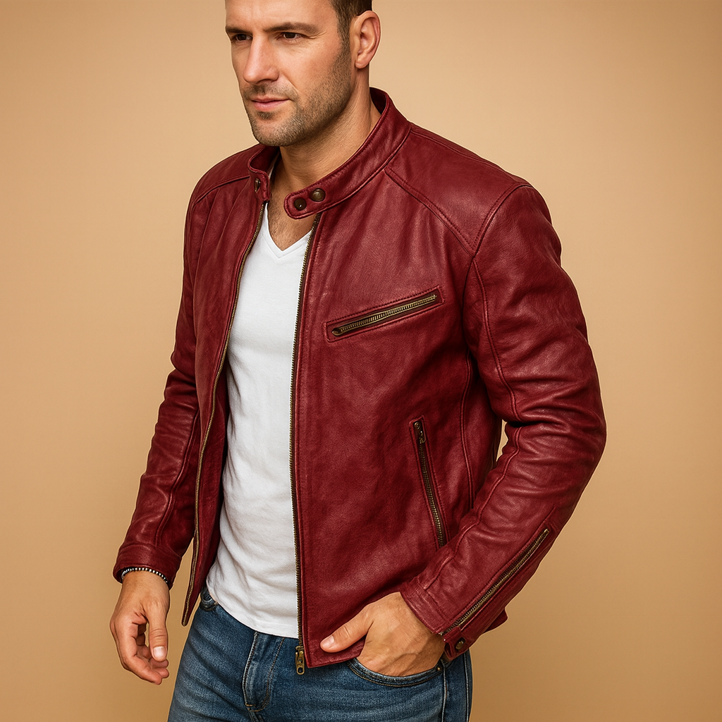 Men’s waterproof biker jacket with modern design, zip closure, and tailored fit, ideal for rainy days, autumn, and winter city wear.