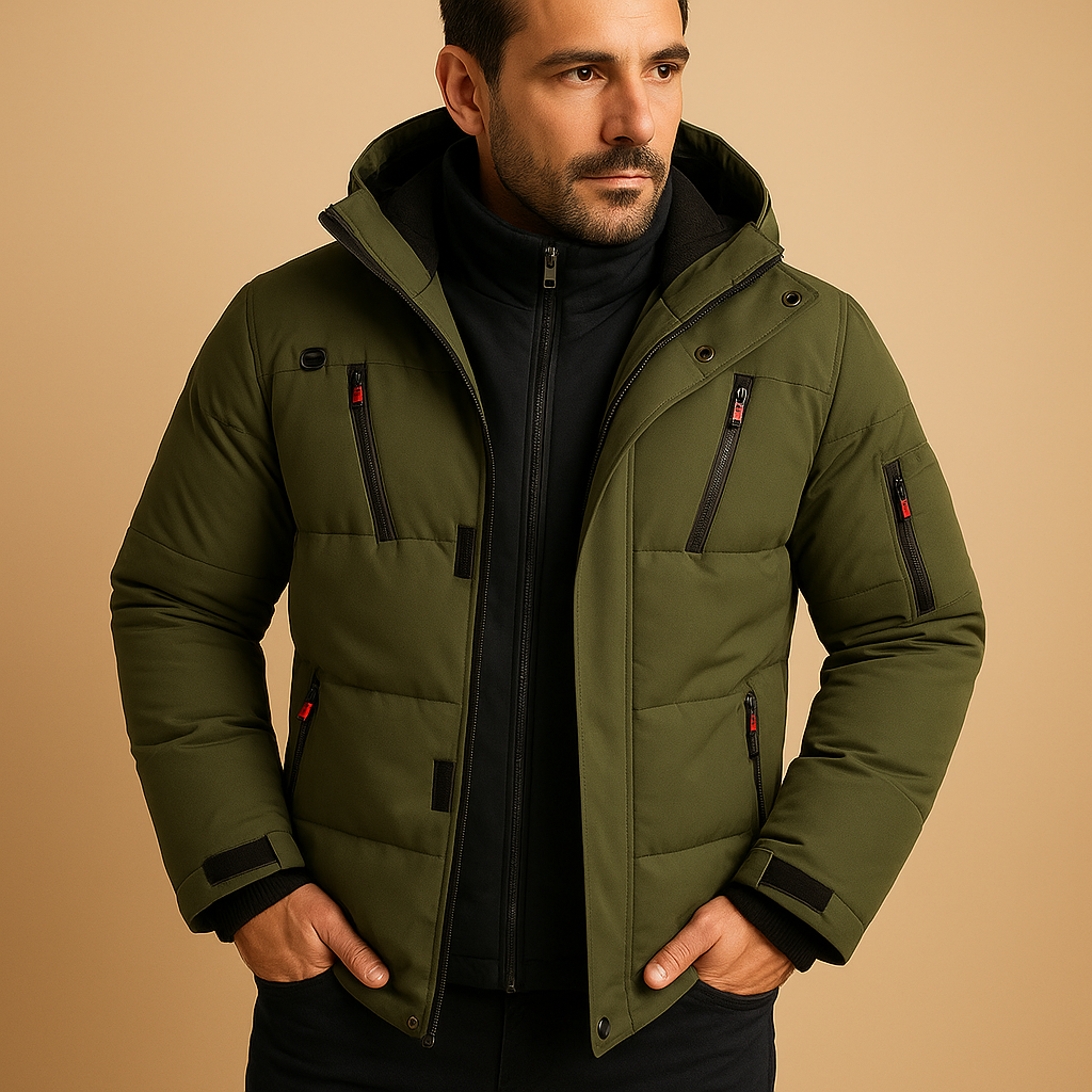 Men’s waterproof insulated winter jacket with adjustable hood and warm lining, available in blue, gray, black, orange, and green for outdoor and daily wear.