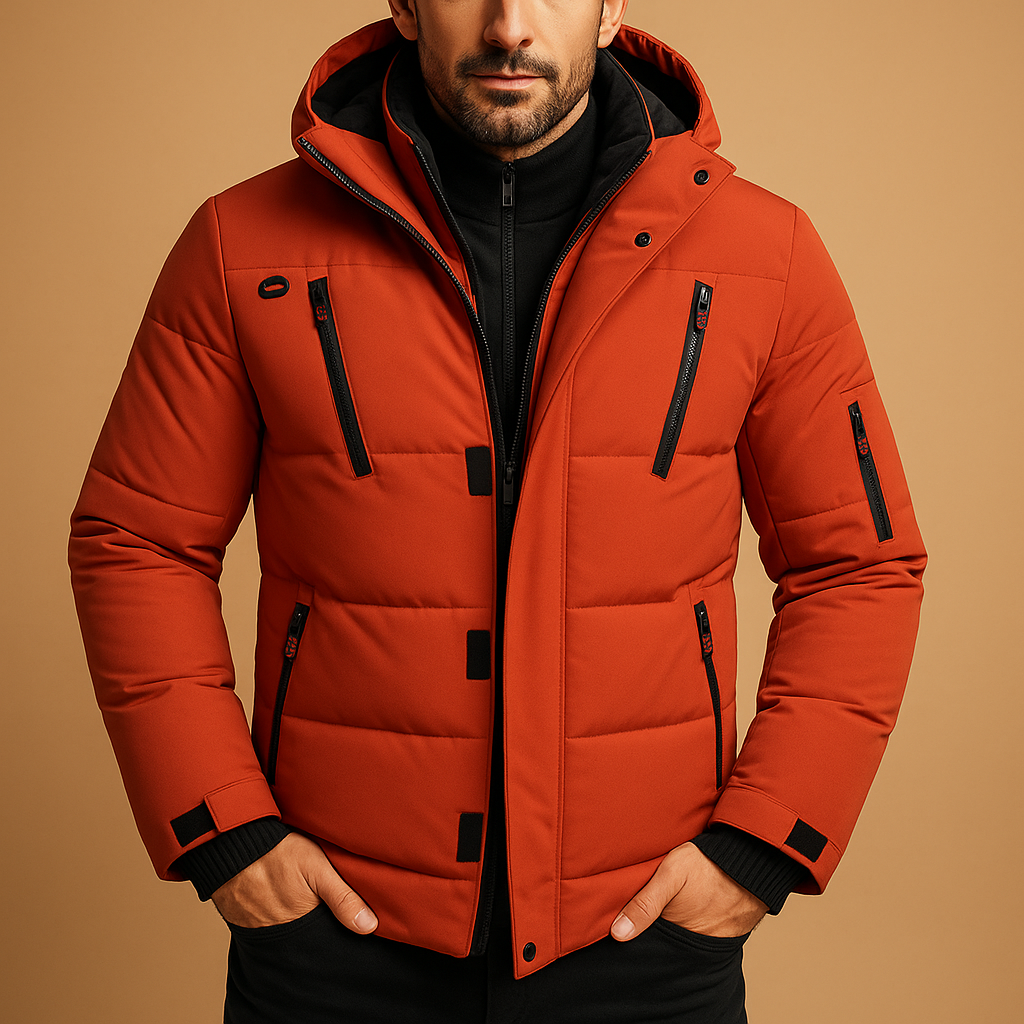 Men’s waterproof insulated winter jacket with adjustable hood and warm lining, available in blue, gray, black, orange, and green for outdoor and daily wear.