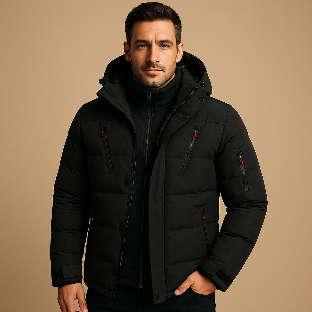 Men’s waterproof insulated winter jacket with adjustable hood and warm lining, available in blue, gray, black, orange, and green for outdoor and daily wear.
