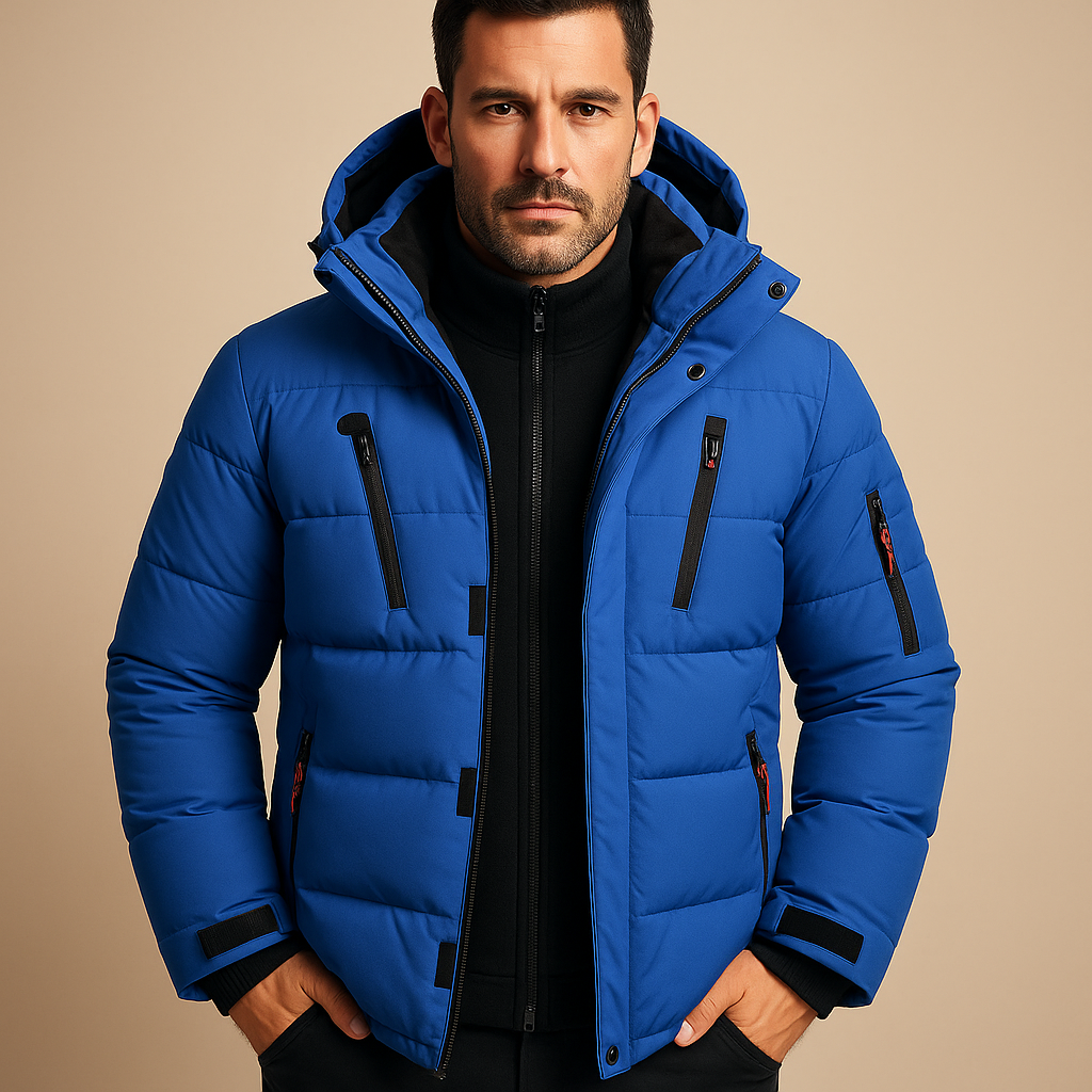 Men’s waterproof insulated winter jacket with adjustable hood and warm lining, available in blue, gray, black, orange, and green for outdoor and daily wear.
