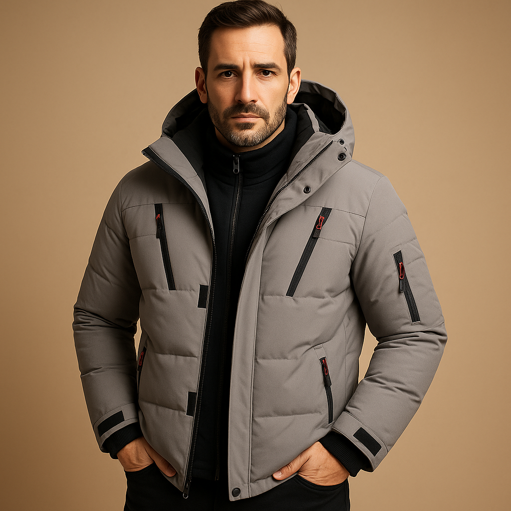 Men’s waterproof insulated winter jacket with adjustable hood and warm lining, available in blue, gray, black, orange, and green for outdoor and daily wear.
