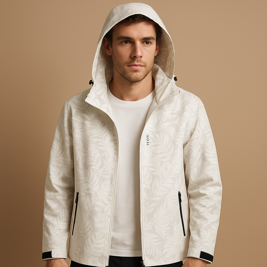 Men’s waterproof lightweight jacket with breathable design, adjustable hood, and subtle leaf pattern, ideal for outdoor activities and daily wear.