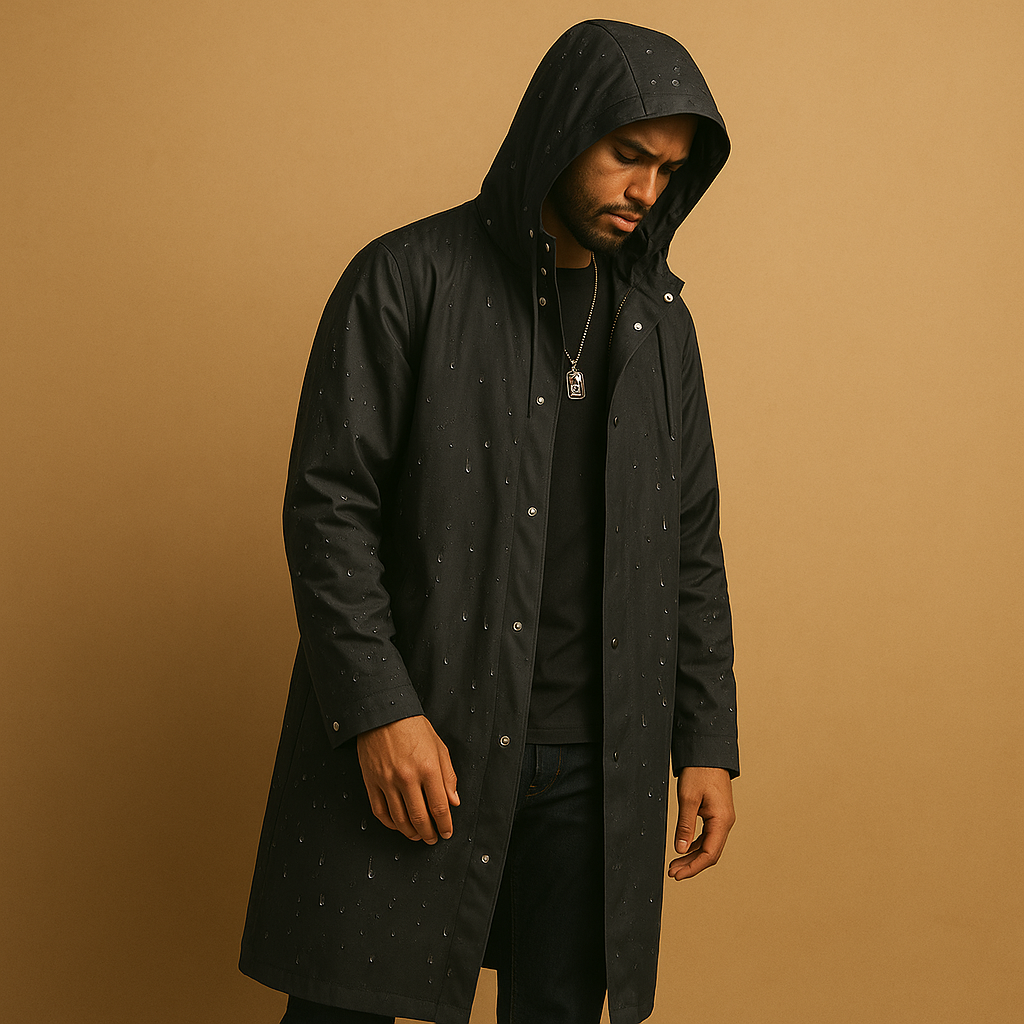 Men’s waterproof long raincoat in black with EVA material, thickened design, and comfortable fit for outdoor activities, walking, and camping.