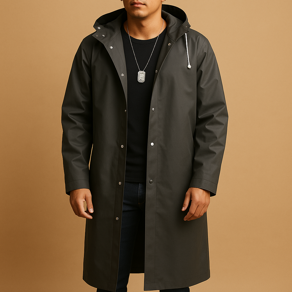 Men’s waterproof long raincoat in black with EVA material, thickened design, and comfortable fit for outdoor activities, walking, and camping.
