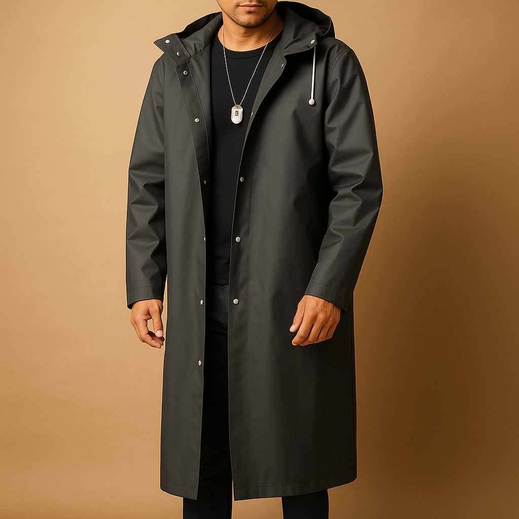 Men’s waterproof long raincoat in black with EVA material, thickened design, and comfortable fit for outdoor activities, walking, and camping.