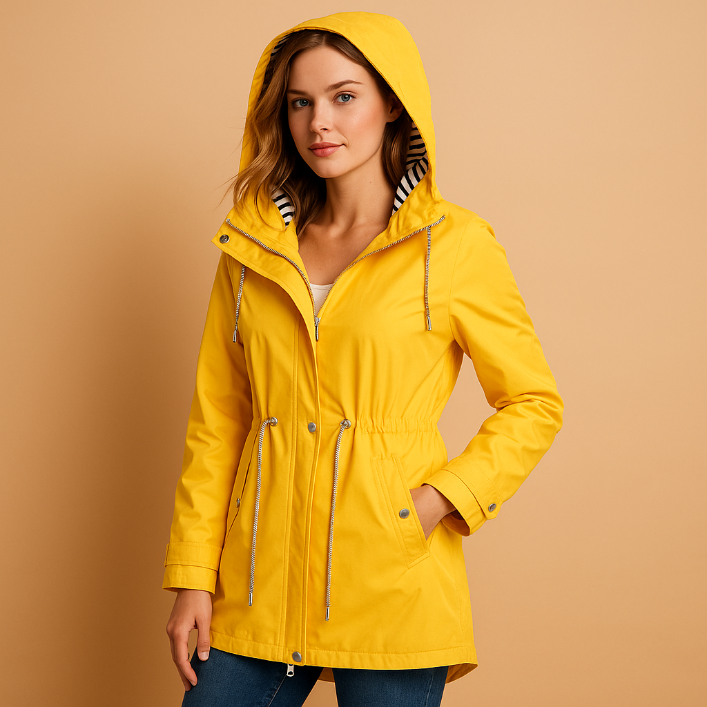 Women’s waterproof parka coat with adjustable waist, windproof outer layer, soft lining, 2-way zipper, and snap-button pockets.