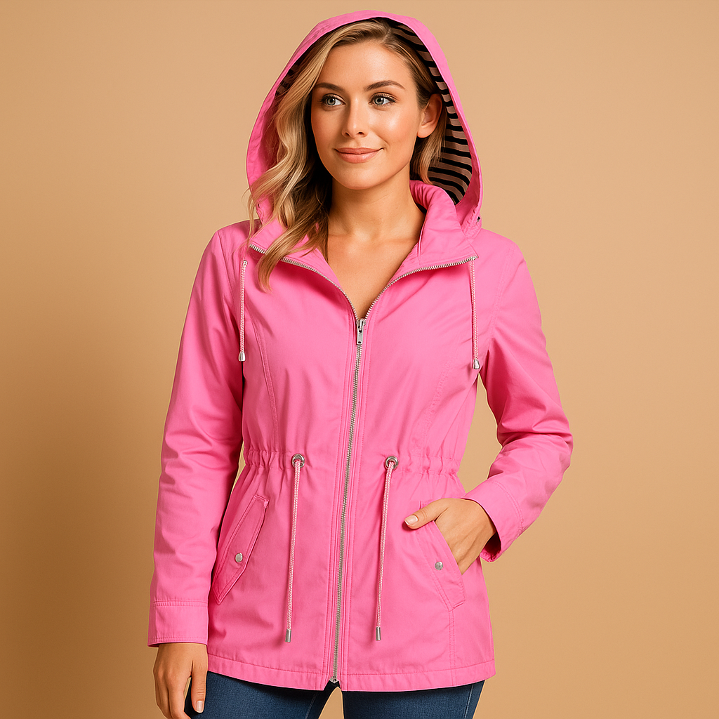 Women’s waterproof parka coat with adjustable waist, windproof outer layer, soft lining, 2-way zipper, and snap-button pockets.