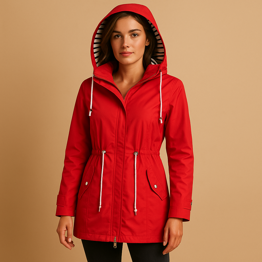 Women’s waterproof parka coat with adjustable waist, windproof outer layer, soft lining, 2-way zipper, and snap-button pockets.