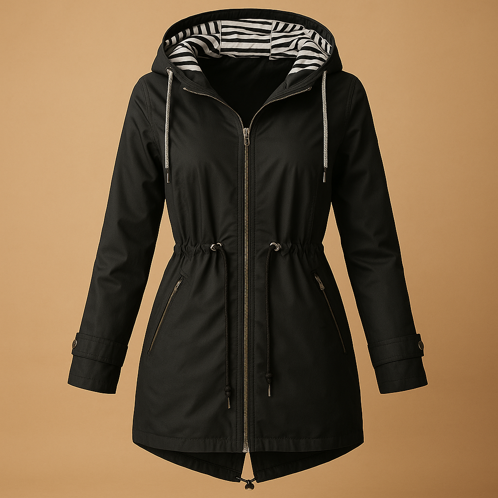 Women’s waterproof parka coat with adjustable waist, windproof outer layer, soft lining, 2-way zipper, and snap-button pockets.