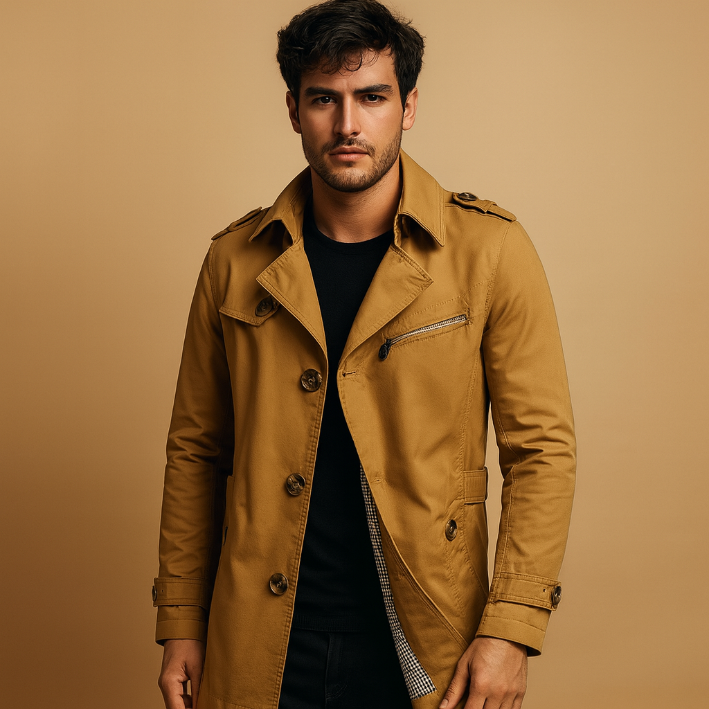 Men’s waterproof trench coat with double-breasted design, wind-resistant finish, and comfortable fit. Perfect for work, formal events, or casual wear.