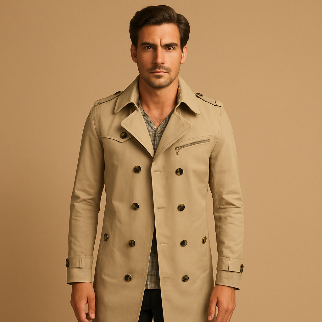 Men’s waterproof trench coat with double-breasted design, wind-resistant finish, and comfortable fit. Perfect for work, formal events, or casual wear.