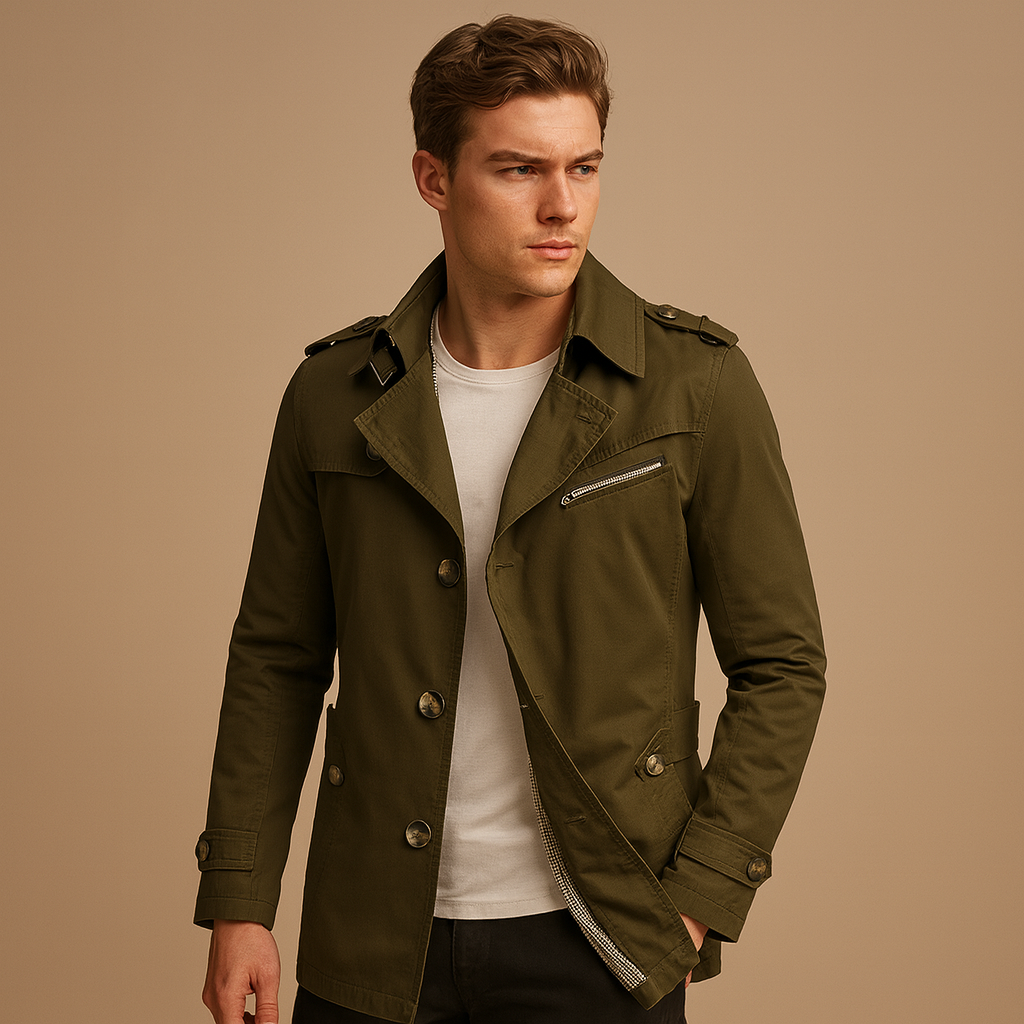 Men’s waterproof trench coat with double-breasted design, wind-resistant finish, and comfortable fit. Perfect for work, formal events, or casual wear.