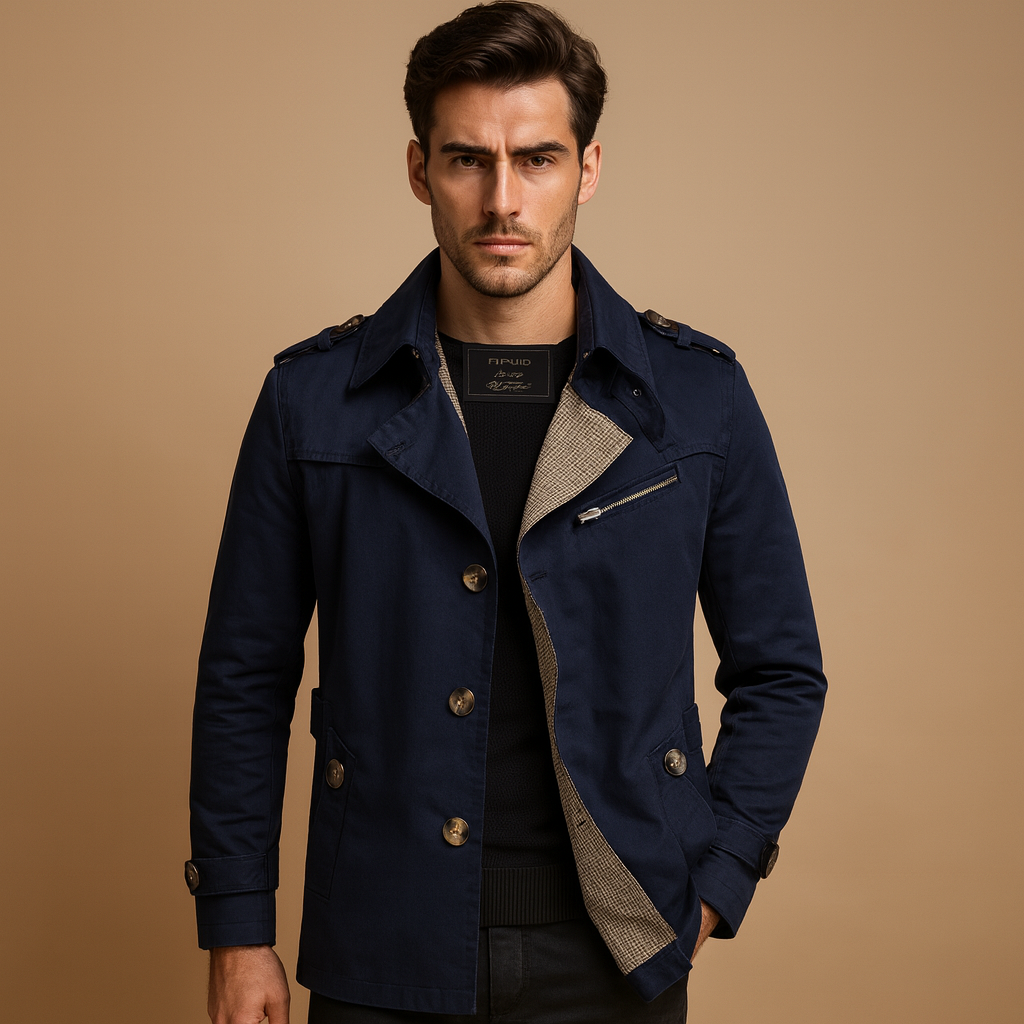 Men’s waterproof trench coat with double-breasted design, wind-resistant finish, and comfortable fit. Perfect for work, formal events, or casual wear.