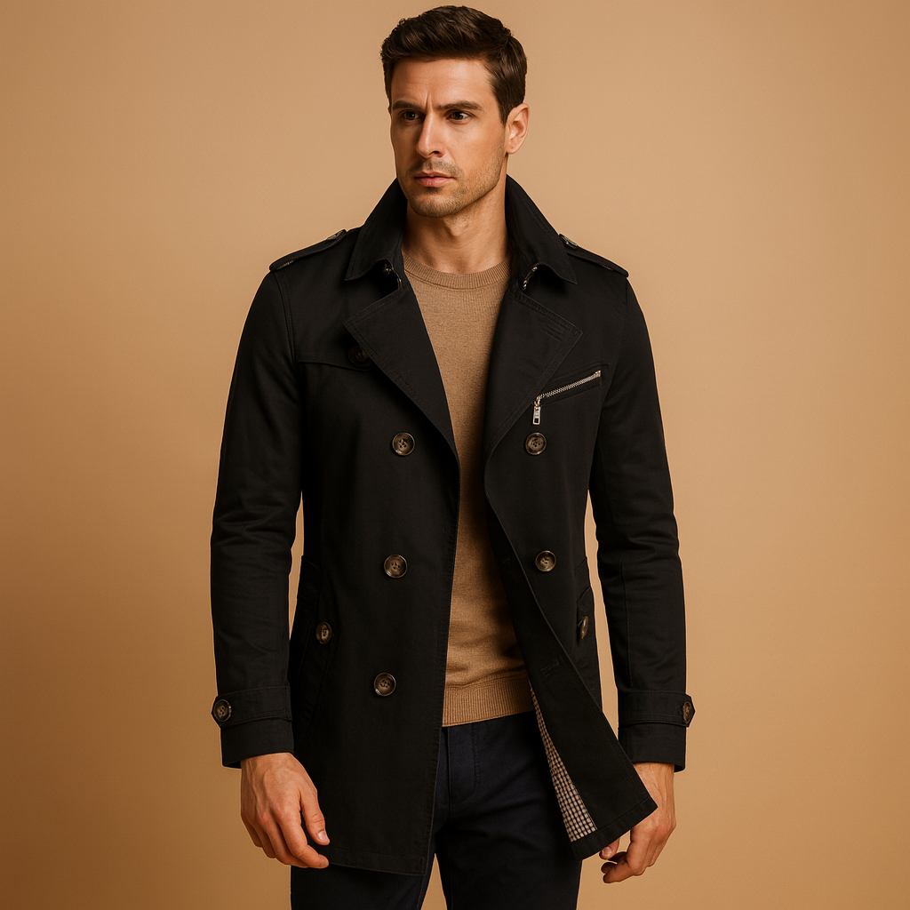 Men’s waterproof trench coat with double-breasted design, wind-resistant finish, and comfortable fit. Perfect for work, formal events, or casual wear.