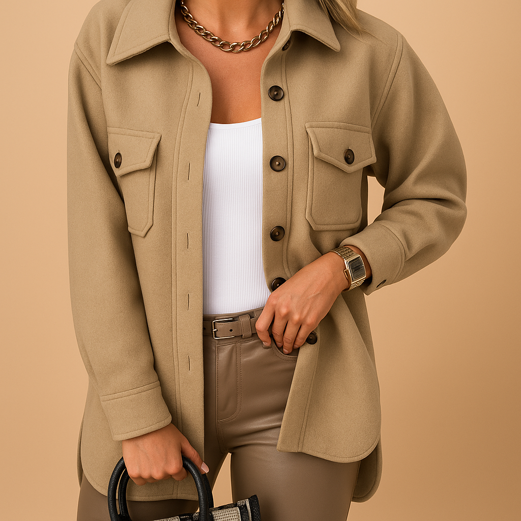 Women’s waterproof windproof jacket with folded collar, button closure, and pockets. Available in multiple colors for stylish everyday wear.
