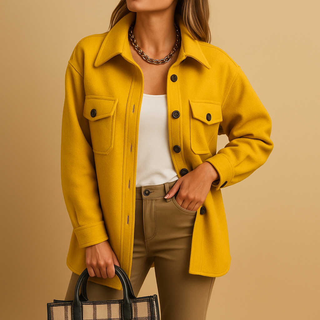 Women’s waterproof windproof jacket with folded collar, button closure, and pockets. Available in multiple colors for stylish everyday wear.