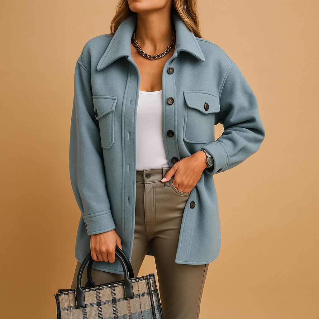 Women’s waterproof windproof jacket with folded collar, button closure, and pockets. Available in multiple colors for stylish everyday wear.