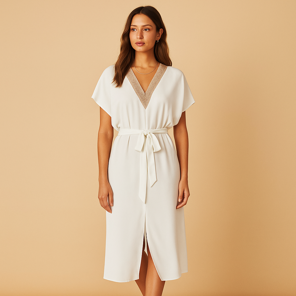 White midi dress for women with V-neck and flowy minimalist design, perfect for formal dinners, parties, and elegant everyday wear.