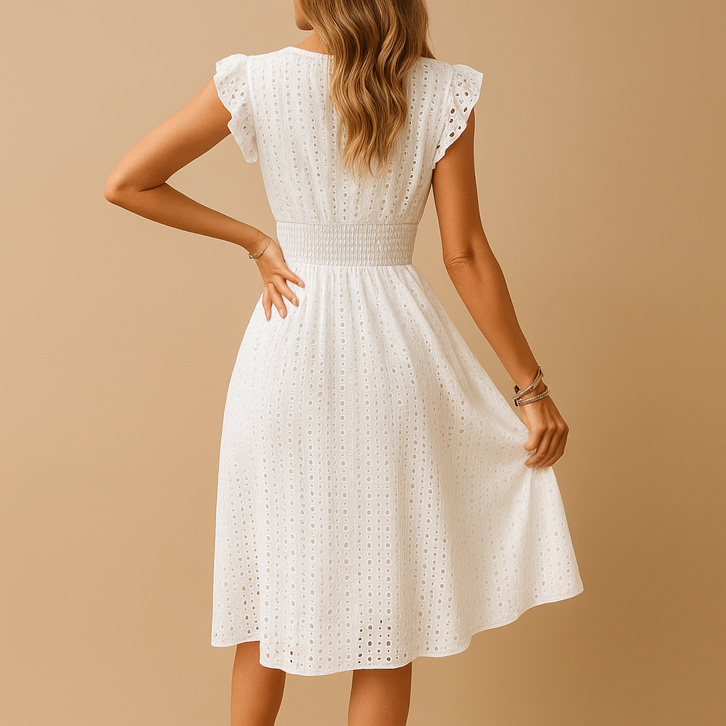 White sleeveless midi summer dress for women with ruffle details, breathable fabric, and elegant fit, perfect for summer days, parties, and holidays.