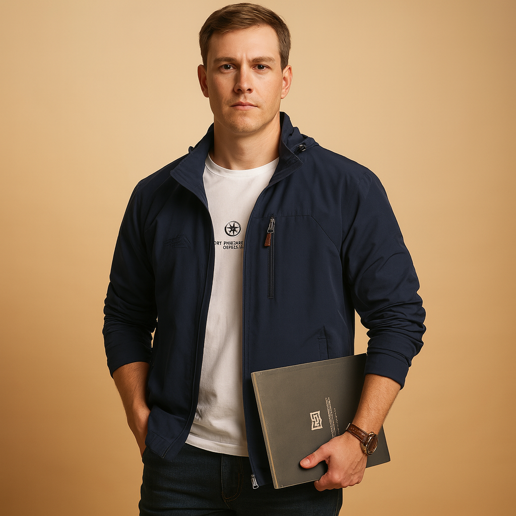 Men’s military-inspired wind- and waterproof jacket with breathable fabric, adjustable fit, and functional pockets, ideal for city and outdoor use.