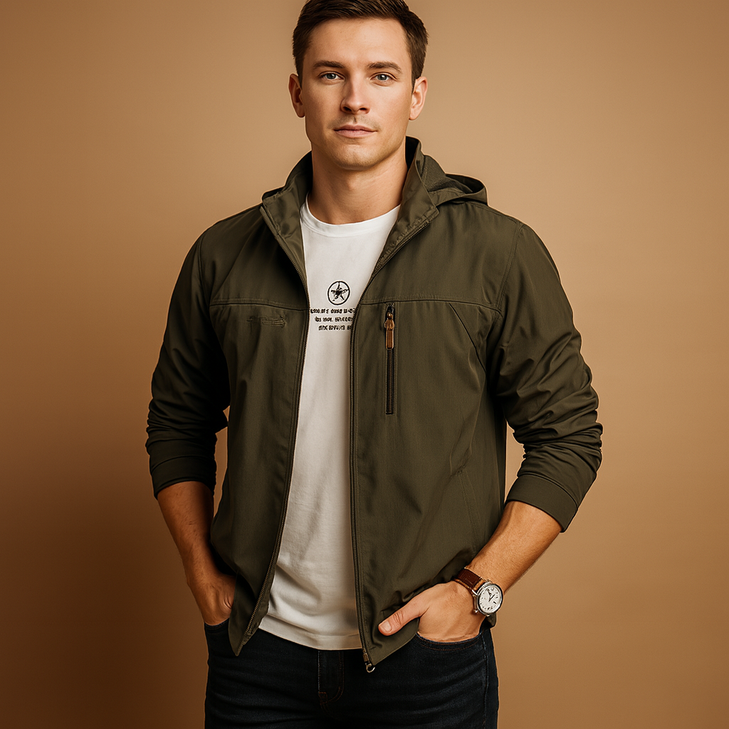 Men’s military-inspired wind- and waterproof jacket with breathable fabric, adjustable fit, and functional pockets, ideal for city and outdoor use.