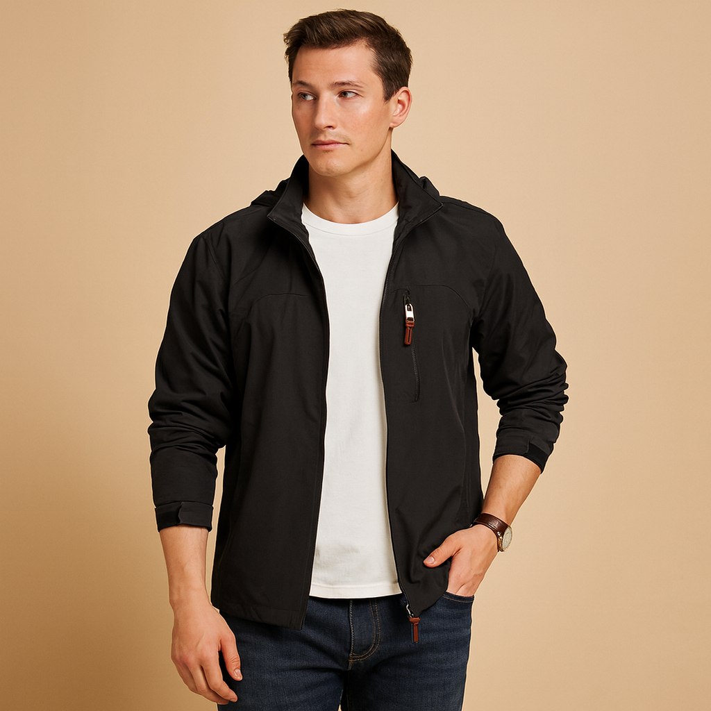 Men’s military-inspired wind- and waterproof jacket with breathable fabric, adjustable fit, and functional pockets, ideal for city and outdoor use.