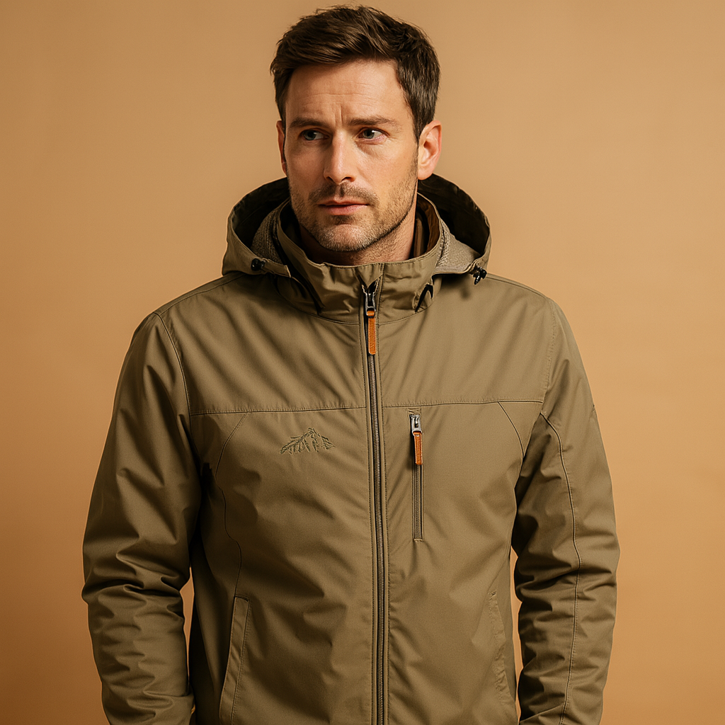 Men’s military-inspired wind- and waterproof jacket with breathable fabric, adjustable fit, and functional pockets, ideal for city and outdoor use.