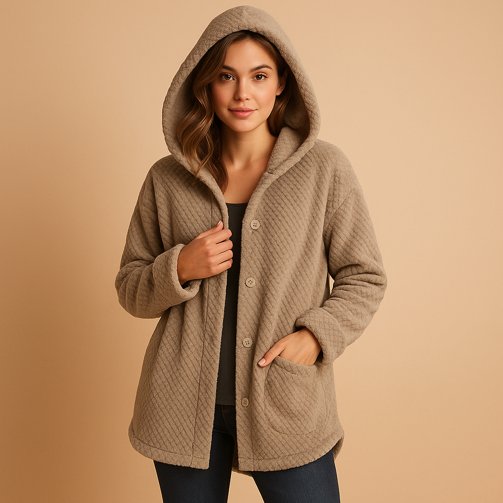 Winter coat with hood for women featuring insulated lining, water-repellent fabric, and flattering fit, available in khaki, black, navy, white, and wine red.