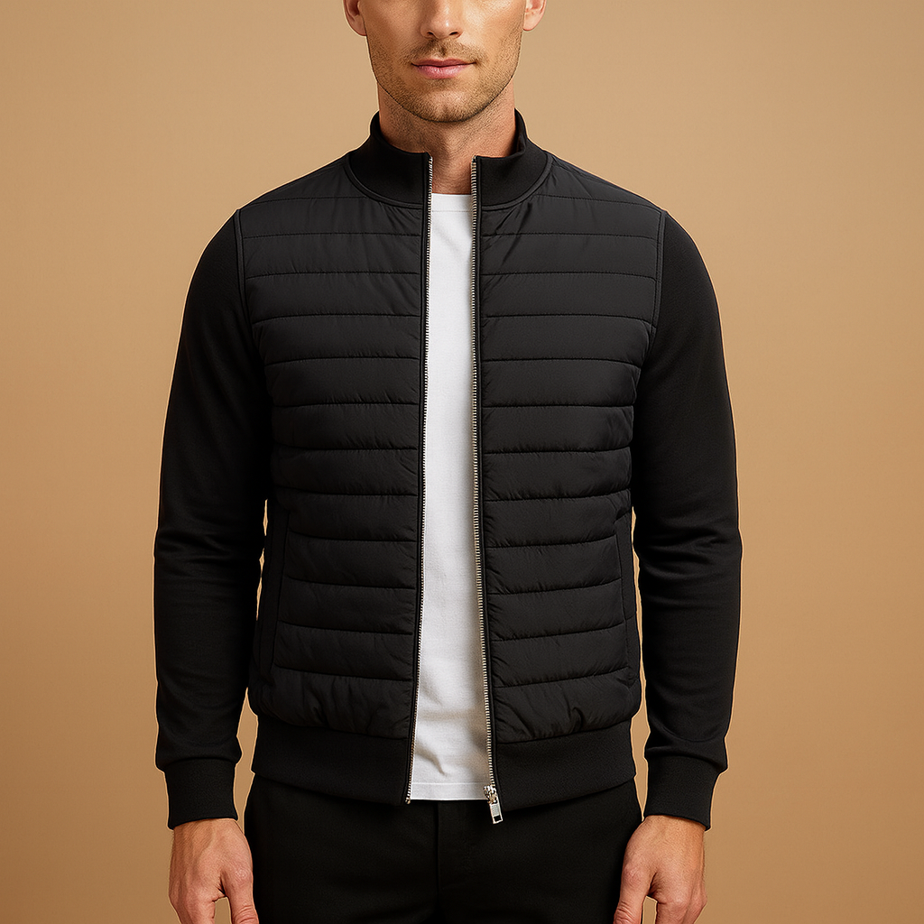 Men’s winter jacket with high collar and elastic cuffs, offering warmth, comfort, and wind protection for cold days.