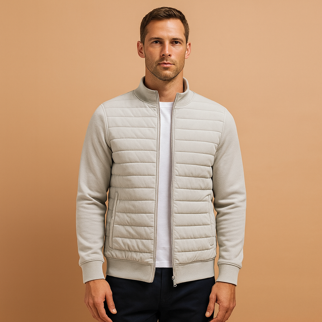 Men’s winter jacket with high collar and elastic cuffs, offering warmth, comfort, and wind protection for cold days.