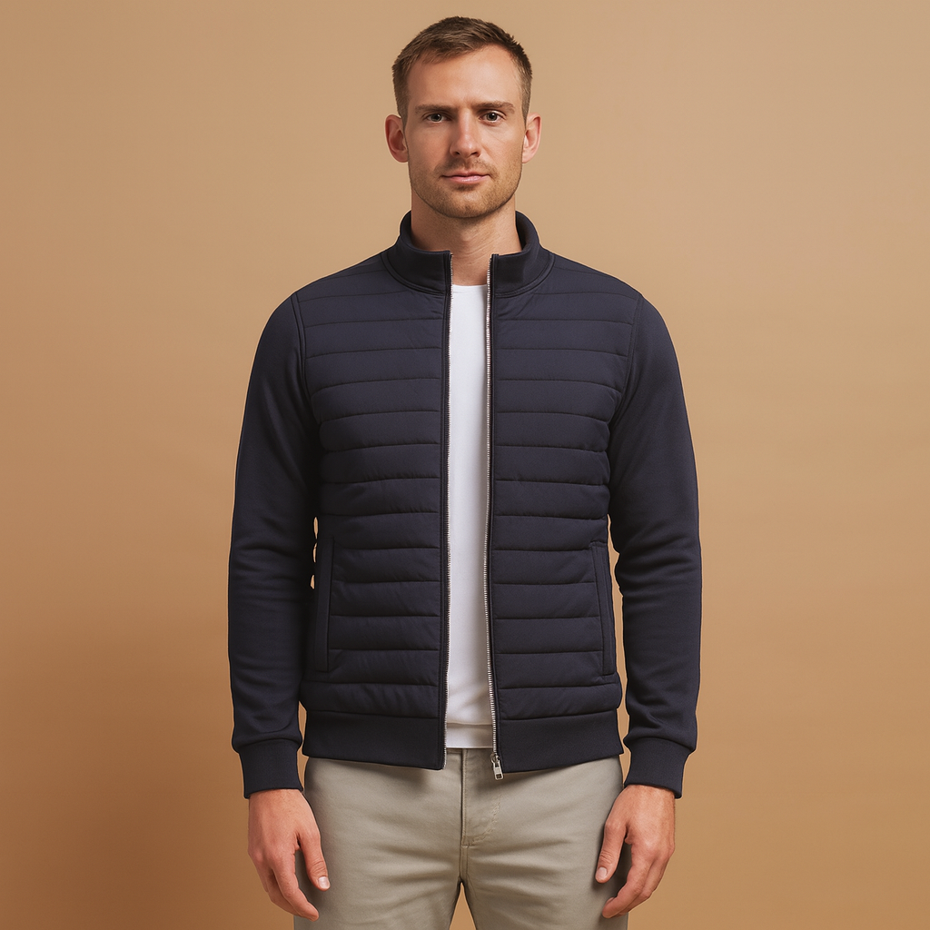 Men’s winter jacket with high collar and elastic cuffs, offering warmth, comfort, and wind protection for cold days.