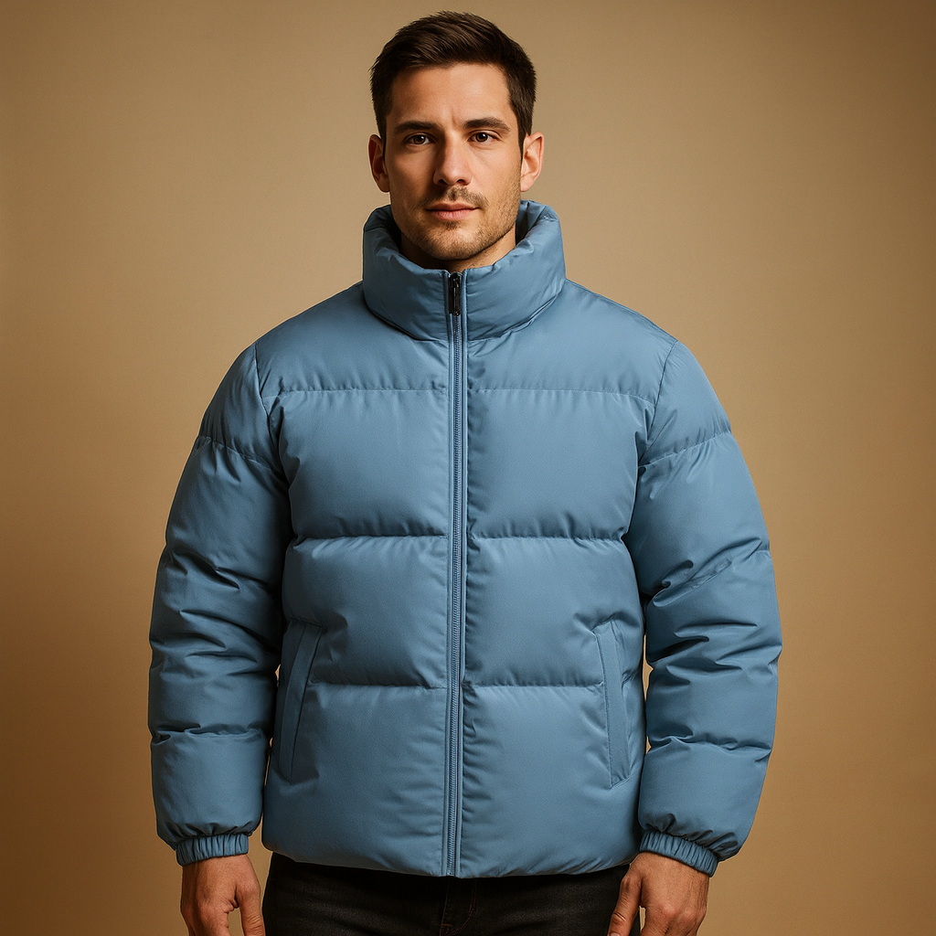 Men’s winter jacket with high collar, premium insulation, and sleek design, offering warmth and style for cold winter days.