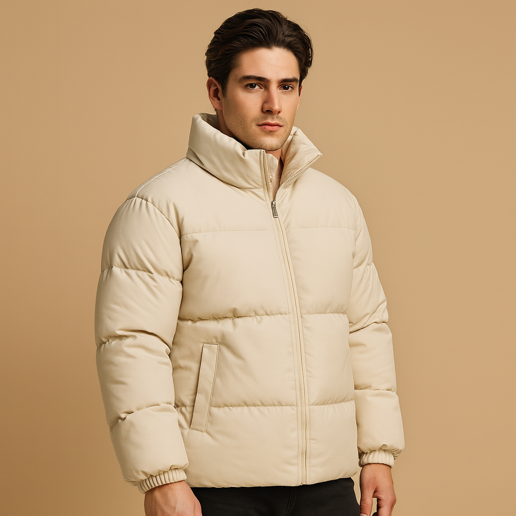 Men’s winter jacket with high collar, premium insulation, and sleek design, offering warmth and style for cold winter days.