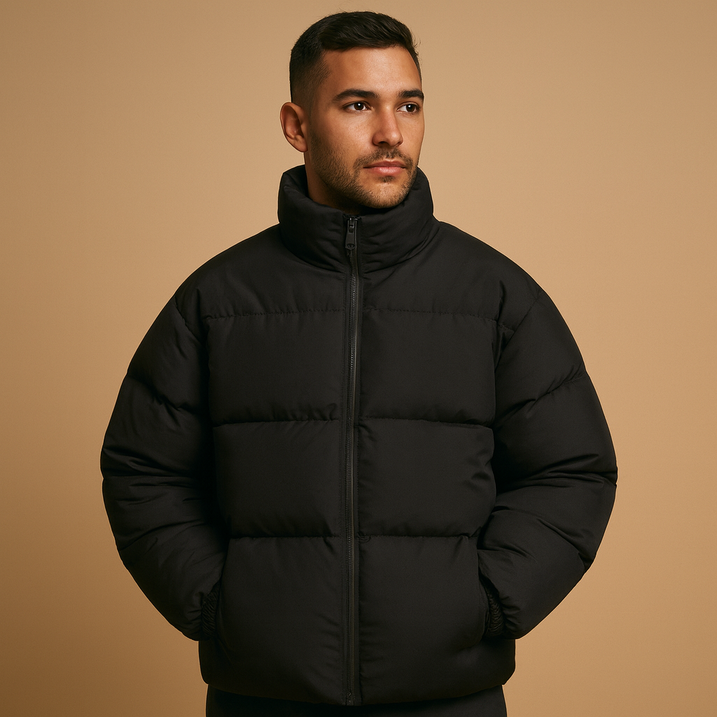 Men’s winter jacket with high collar, premium insulation, and sleek design, offering warmth and style for cold winter days.