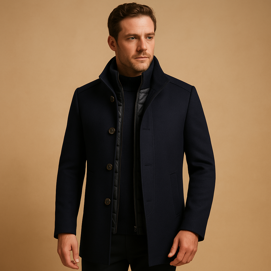 Men’s wool coat with tailored single-breasted fit and mandarin collar, warm and elegant, ideal for formal occasions and everyday winter wear.