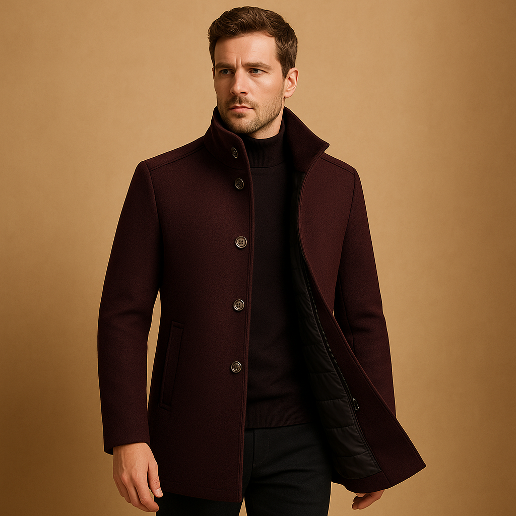 Men’s wool coat with tailored single-breasted fit and mandarin collar, warm and elegant, ideal for formal occasions and everyday winter wear.