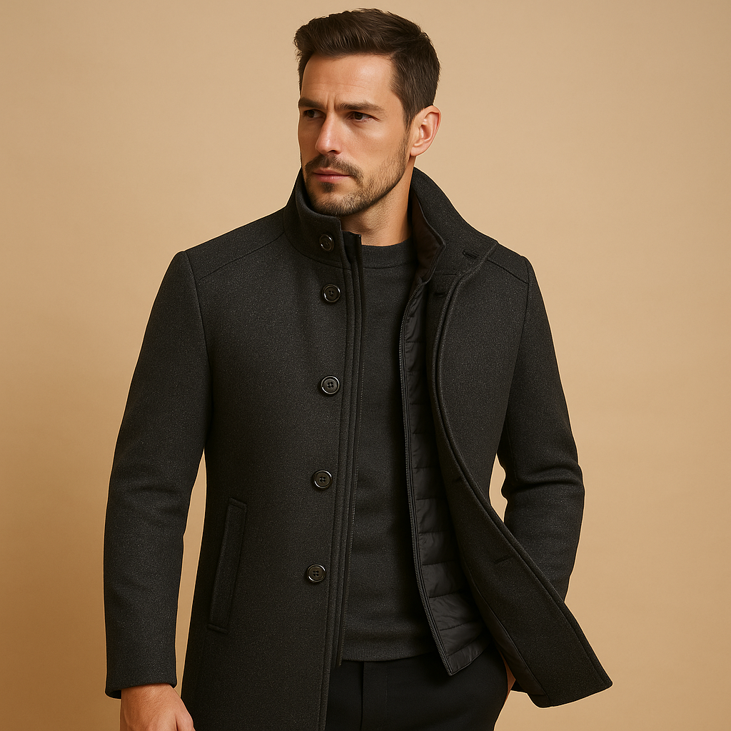 Men’s wool coat with tailored single-breasted fit and mandarin collar, warm and elegant, ideal for formal occasions and everyday winter wear.