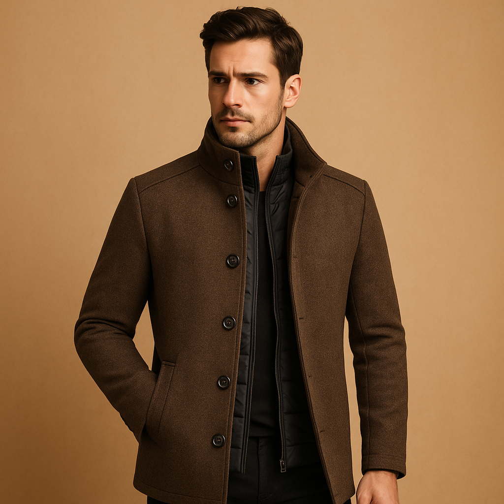 Men’s wool coat with tailored single-breasted fit and mandarin collar, warm and elegant, ideal for formal occasions and everyday winter wear.