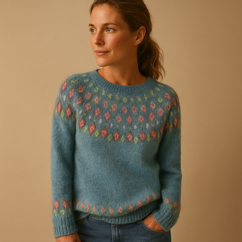 Women’s wool sweater with unique print, classic fit, and soft wool blend. Perfect for casual outfits or chic layered styles in autumn and winter.