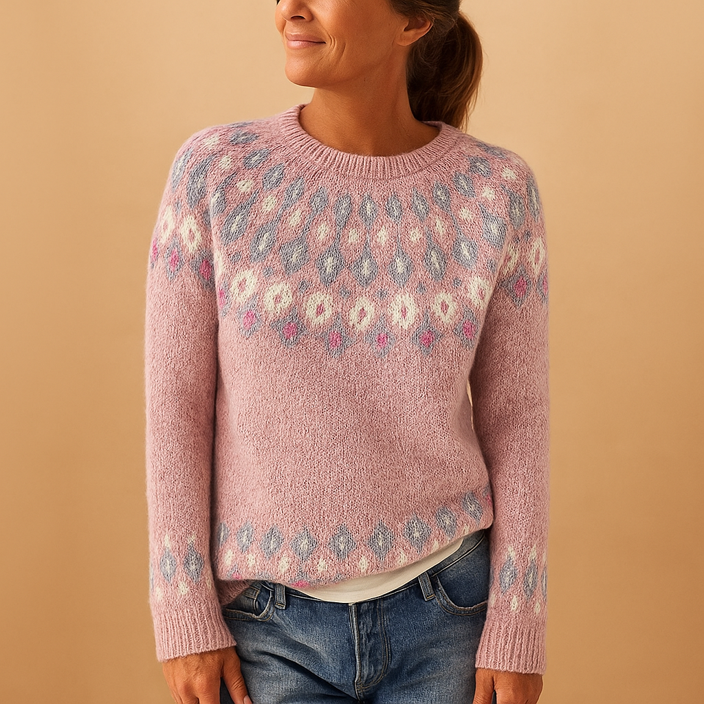 Women’s wool sweater with unique print, classic fit, and soft wool blend. Perfect for casual outfits or chic layered styles in autumn and winter.