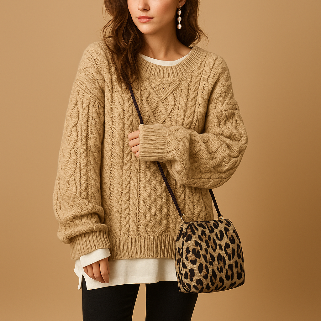 Women’s wool sweater with unique print, classic fit, and soft wool blend. Perfect for casual outfits or chic layered styles in autumn and winter.