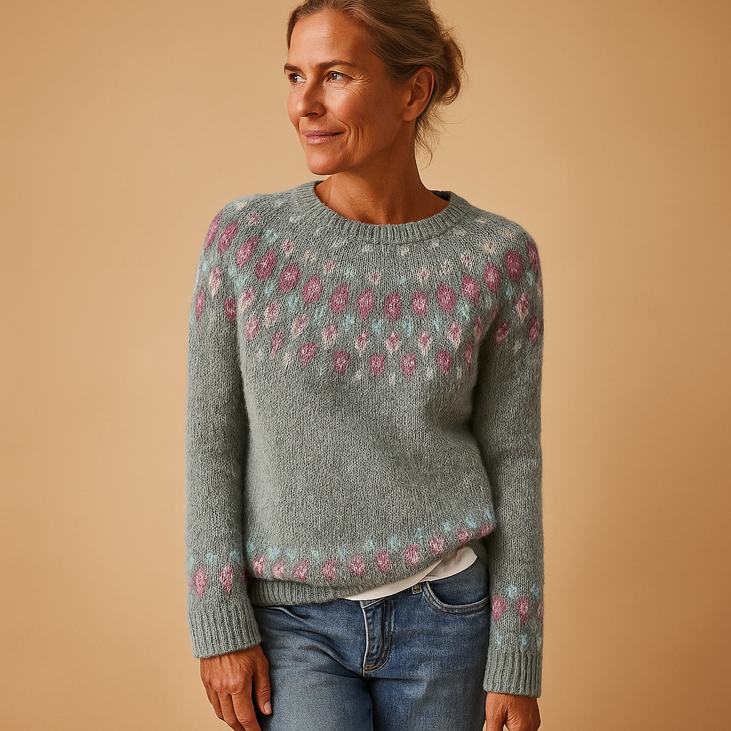 Women’s wool sweater with unique print, classic fit, and soft wool blend. Perfect for casual outfits or chic layered styles in autumn and winter.