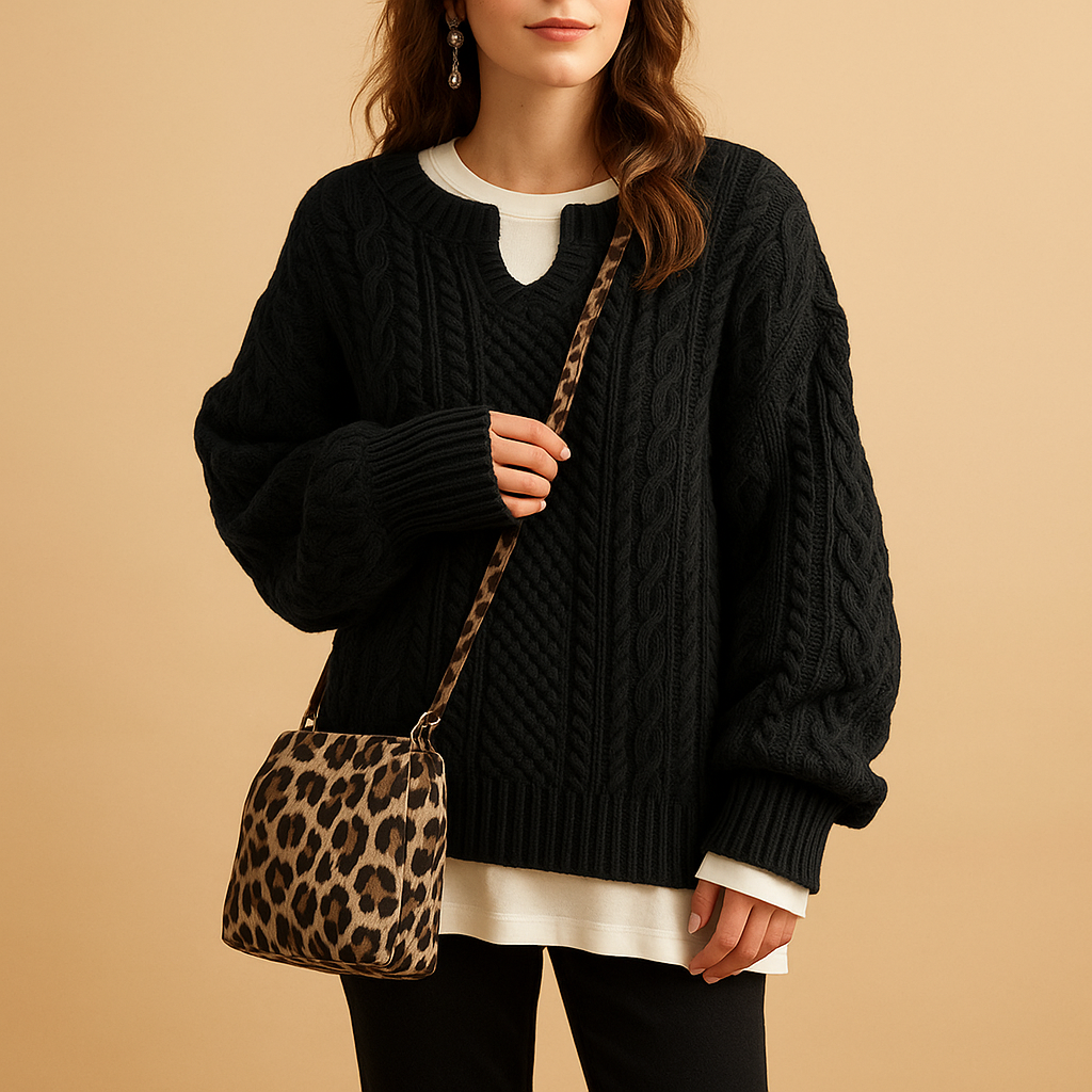 Women’s wool sweater with unique print, classic fit, and soft wool blend. Perfect for casual outfits or chic layered styles in autumn and winter.