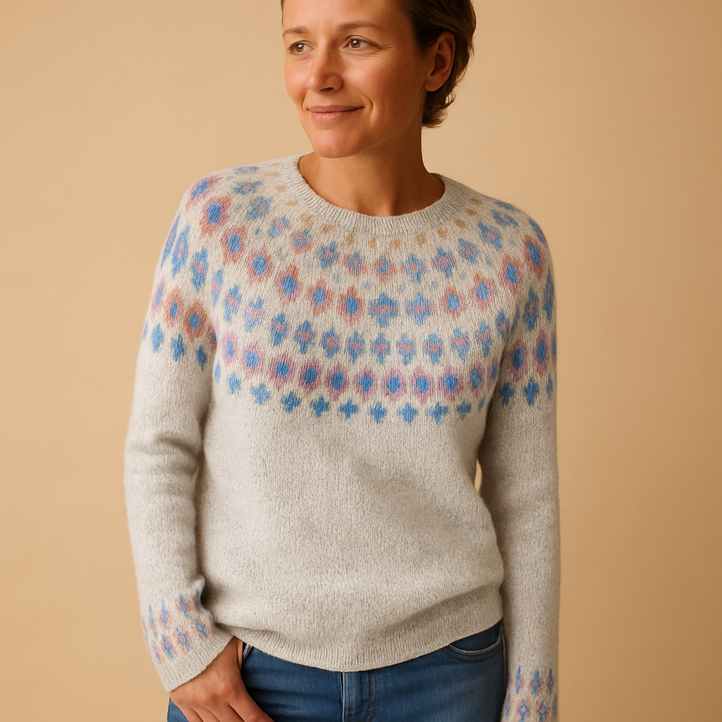 Women’s wool sweater with unique print, classic fit, and soft wool blend. Perfect for casual outfits or chic layered styles in autumn and winter.