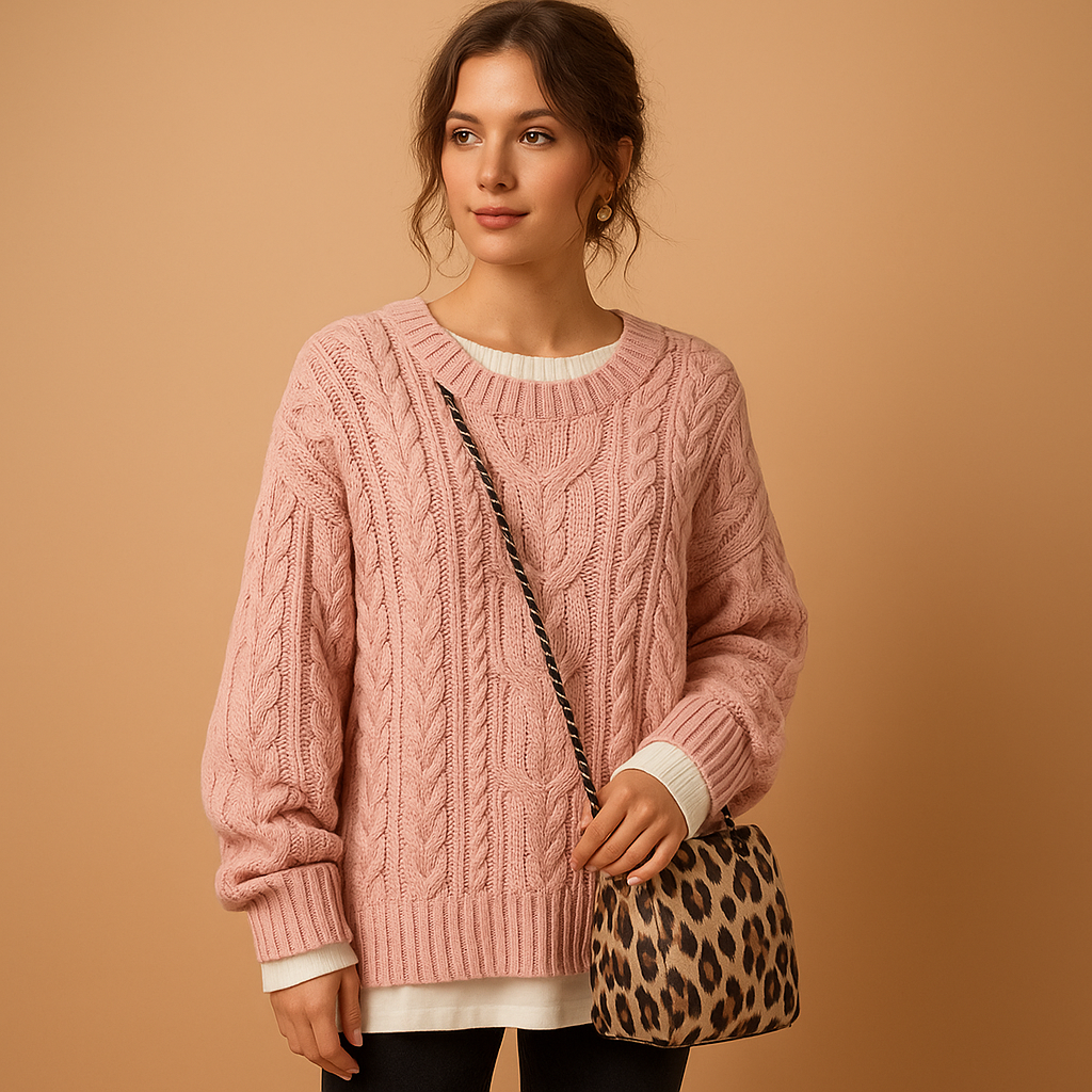 Women’s wool sweater with unique print, classic fit, and soft wool blend. Perfect for casual outfits or chic layered styles in autumn and winter.